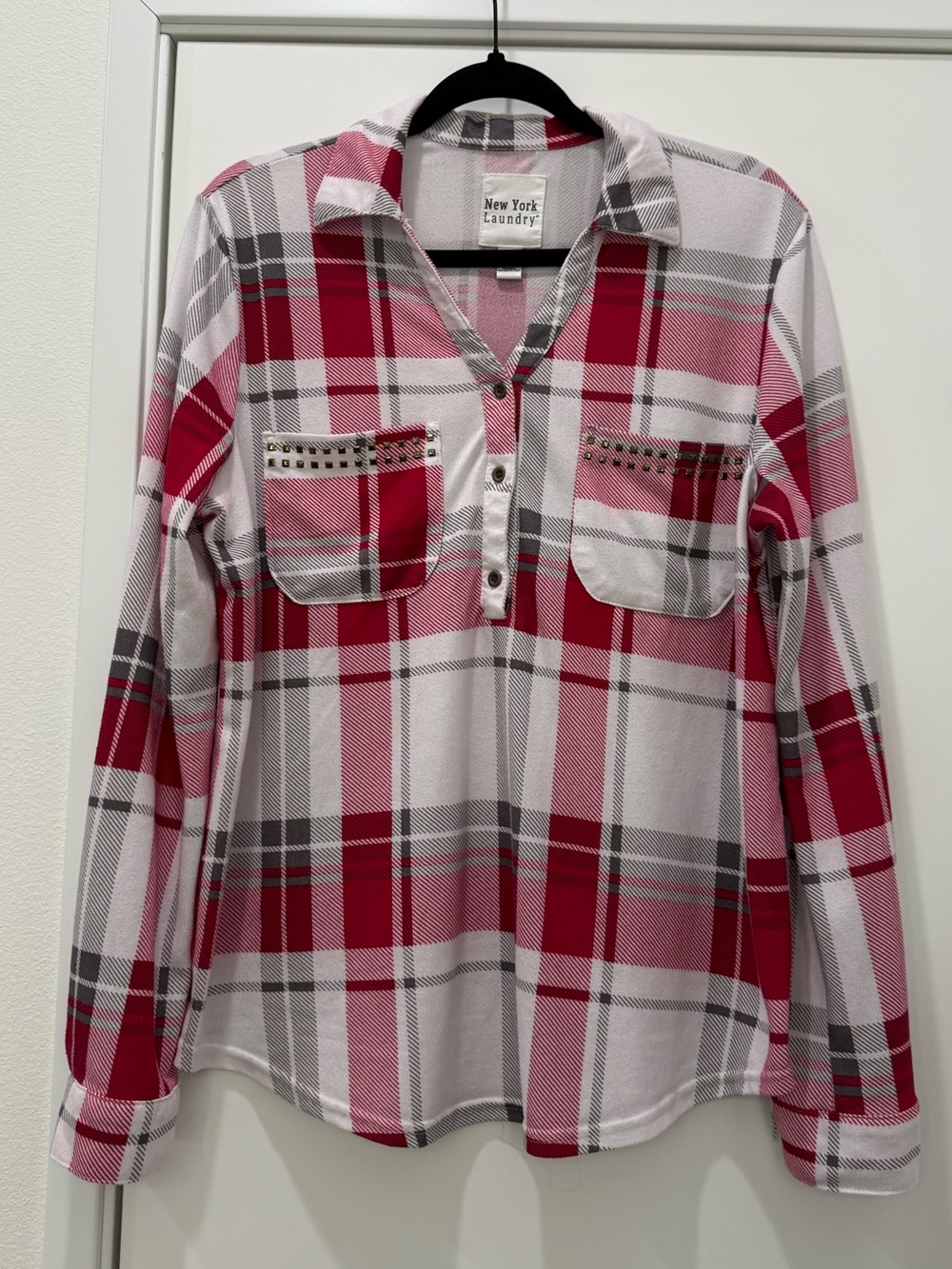 New York Laundry Pink and White Plaid Button-Front Shirt